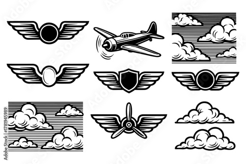Vintage aviation emblems and cloud designs featuring airplane and wing motifs