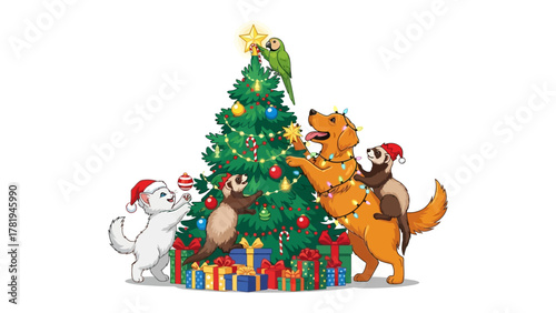 Festive Friends: A charming illustration depicts a group of adorable pets collaboratively decorating a vibrant Christmas tree, encapsulating the warmth and spirit of the holiday season.