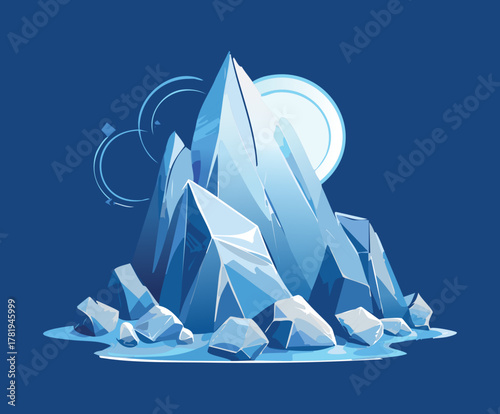 Sharp Ice Crystals and Rocks on a Snowy Ground under a Dark Blue Sky with a Full Moon and Ethereal Glow