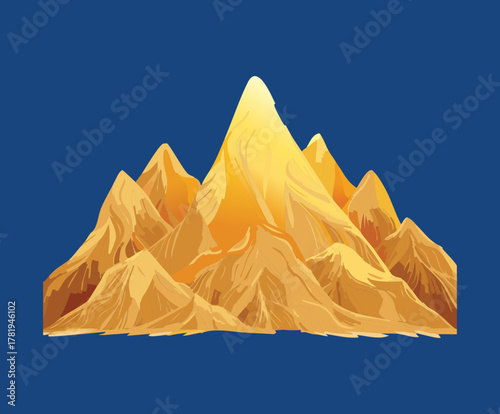 Golden desert mountain range with sharp peaks and blue sky for dry wilderness landscape and travel adventure