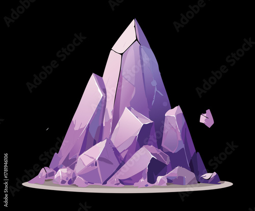 Massive purple crystal mountain formation with amethyst gem textures for fantasy rpg game environment and magic world