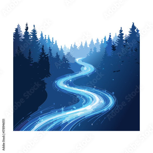 Winding blue river in dark winter pine forest for nature landscape and cold arctic wilderness atmosphere design