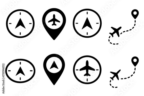 Airplane navigation icons: minimalist travel and flight path symbols