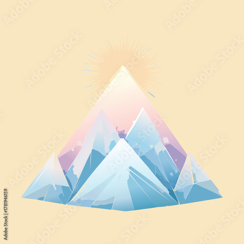 Glowing geometric ice mountain peak with sunlight for winter fantasy landscape and arctic adventure game environment design