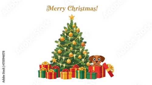 Joyful Holiday Greetings: A festive illustration showcasing a decorated christmas tree with a star topper and shimmering lights, surrounded by gift boxes and an adorable puppy.