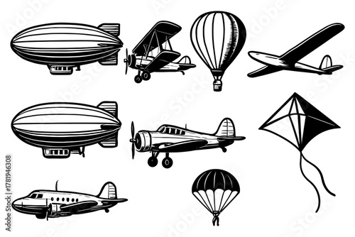 Retro aviation icons: vintage airplanes, balloons, and kites in black and white design