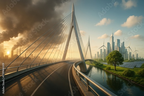 A Vision of Future Urban Sustainability: The Contrast Between Industrial Pollution and Eco-Friendly Architecture in a Modern City Landscape