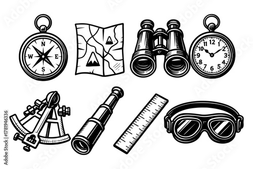 Vintage adventure tools collection in black and white design