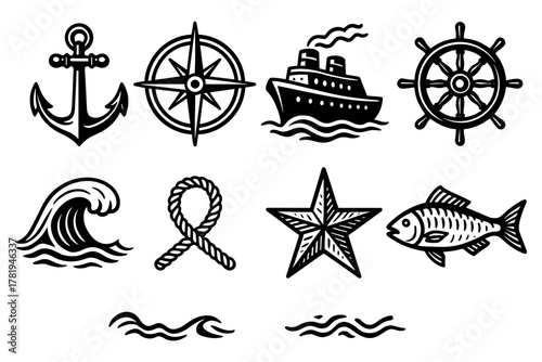 Nautical icon set featuring anchors, compass, ship, and marine elements in black and white style