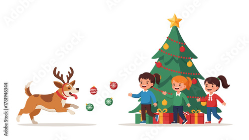 Christmas Fun: A joyous holiday scene unfolds as children and a playful dog engage in a festive game around a decorated Christmas tree, a heartwarming celebration of the season's joy and togetherness.