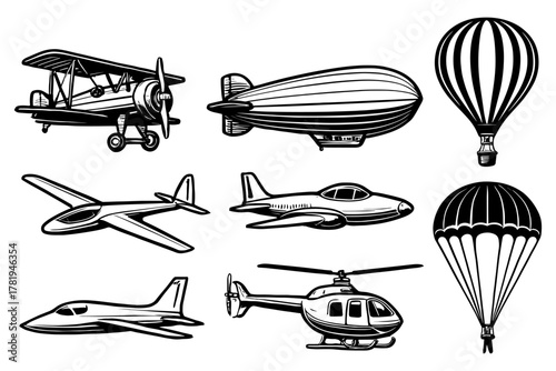 Vintage aircraft and airship collection: retro balloons, helicopters, and planes