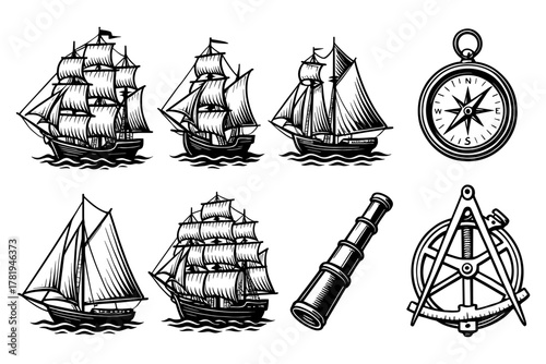 Vintage nautical set with sailing ships and navigational instruments design elements