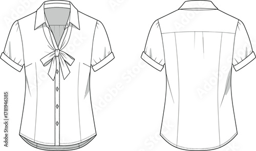 Women short sleeve blouse with bow tie front and button details, formal shirt design front and back, cad drawing flat vector illustration