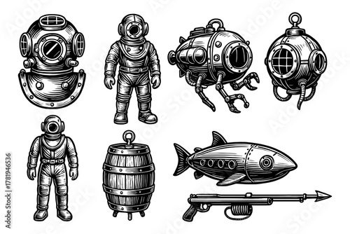 Vintage deep sea diving and nautical equipment in retro ink style