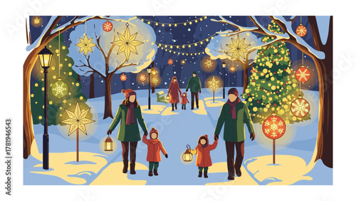 Winter Wonderland: A warmly lit illustration captures a festive winter scene, where a family embarks on an evening stroll amidst sparkling decorations and snowy ambiance.