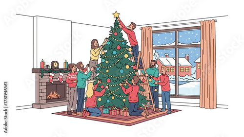 Christmas Tree Ornamentation: A heartwarming illustration of a family united in decorating a Christmas tree, filled with festive cheer and the anticipation of the holiday season.