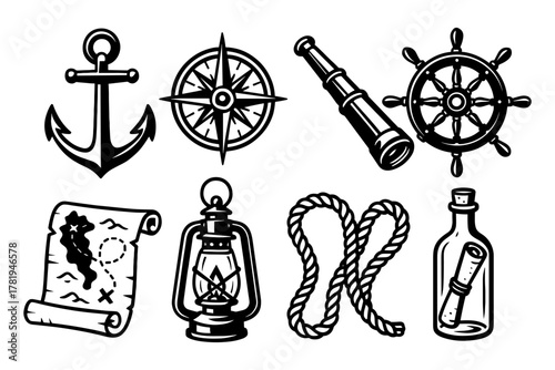 Nautical elements set: anchor, compass, telescope, ship wheel and more in vintage style
