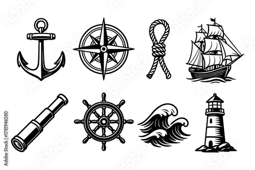 Nautical icons collection: anchor, compass, ship, lighthouse, and more