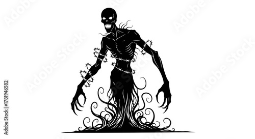 Silhouette of a terrifying monster with glowing eyes and thorny chains