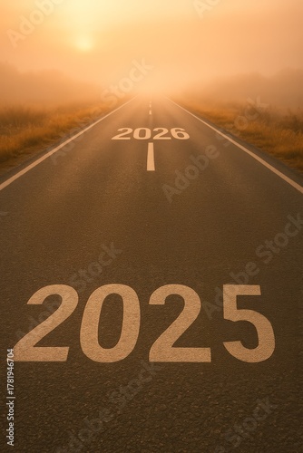 A Serene Road Leading into the Future: A Captivating Path Marked with the Years 2025 and 2026 Under a Soft Orange Sunrise
