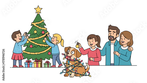 Festive Family Moments: A family decorates Christmas tree with lights and ornaments, a delightful scene of unity, joy, and the spirit of Christmas, embodying togetherness and love