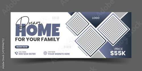 Modern dream home for sale real estate facebook cover design, House for rent social media banner template