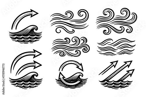 Vintage wind and wave icons with arrows in hand-drawn style