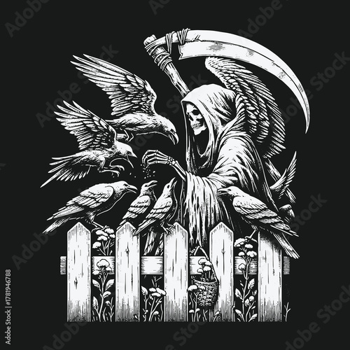 Grim Reaper with Scythe Tending to a Flock of Crows.