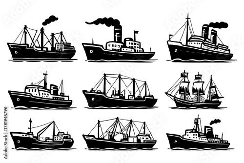 Vintage ships in silhouette style: collection of classic sea vessels
