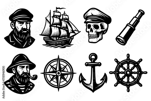 Vintage nautical icons: sailors, ships, and maritime symbols in retro style