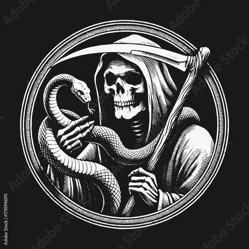 Grim Reaper with Scythe Holding a Coiled Snake in a Circular Frame.