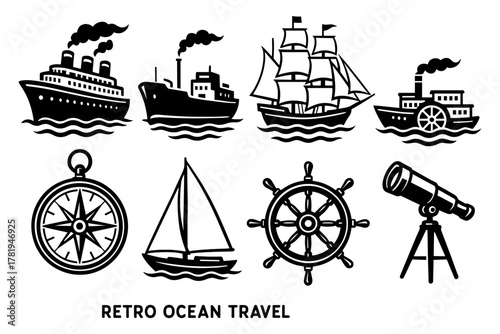 Vintage nautical travel icons with ships, compass, and telescope in retro style