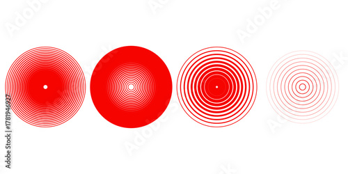 Red concentric ripple circles set. Sonar or sound wave rings collection. Epicentre, target, radar icon concept. Radial signal or vibration elements. Halftone vector illustration
