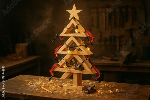 Crafting Joy: A Wooden Christmas Tree Displayed in a Cozy Workshop with Tools and Lights for a Festive Atmosphere