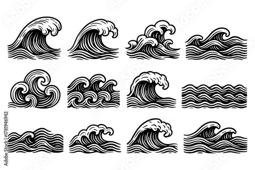 Set of retro style ocean waves in black and white for nautical design projects