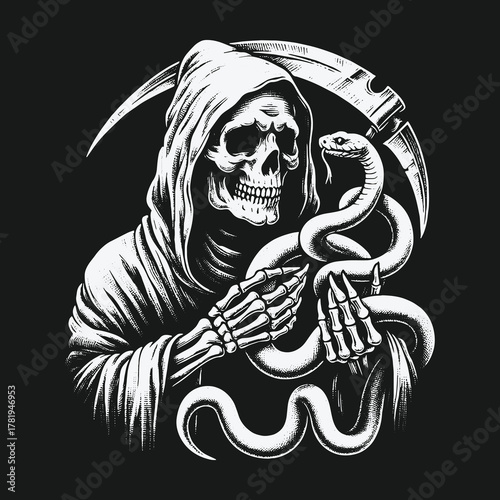 Monochrome Grim Reaper Skeleton Holding a Coiled Snake.