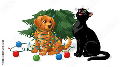 Festive Friends: A charming illustration depicts a golden puppy playfully tangled in a strand of holiday lights, sharing a moment with a curious black cat.
