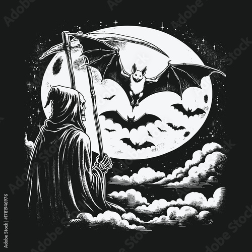 Grim Reaper with scythe watching bats fly in front of a full moon.