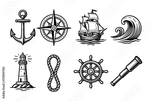 Vintage nautical icons featuring anchor, compass, sailing ship, lighthouse, and more