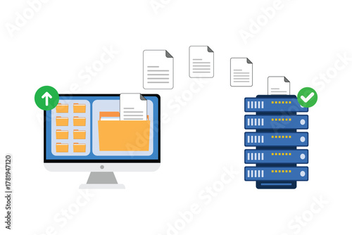 file transfer concept, backup data, file transfer from pc to cloud server. document save on storage, technology cloud vector illustration