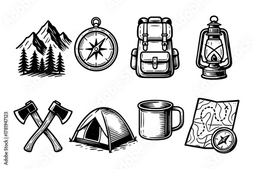 Rustic adventure elements: compass, lantern, backpack, tools, and map for outdoor enthusiasts