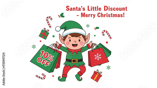 Santa's Little Discount Promotion: An elf joyfully presents festive shopping bags filled with delightful Christmas deals, embodying the holiday spirit of savings and seasonal cheer.