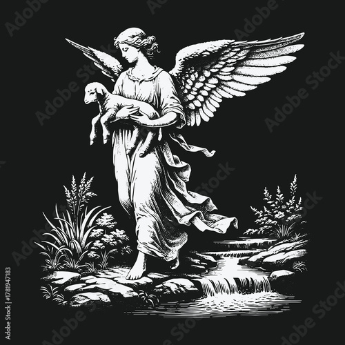 Serene angel with wings gently carrying a small lamb by a flowing stream.