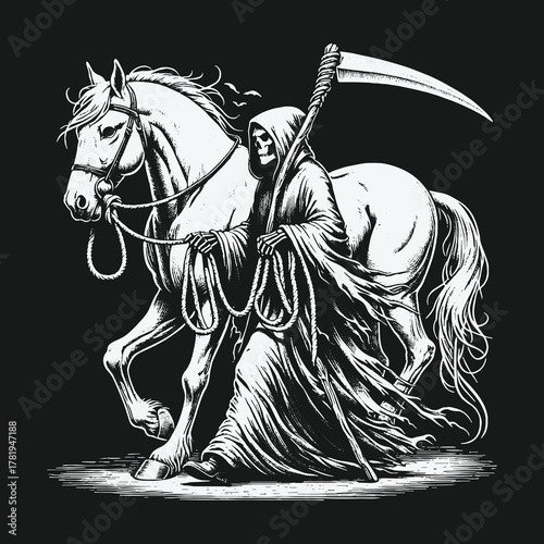 Monochrome illustration of the Grim Reaper leading a horse.