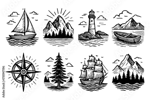 Nautical and nature themed vintage ink drawings highlighting adventure and exploration