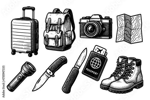 Vintage travel essentials: engraved adventure gear with map and camera