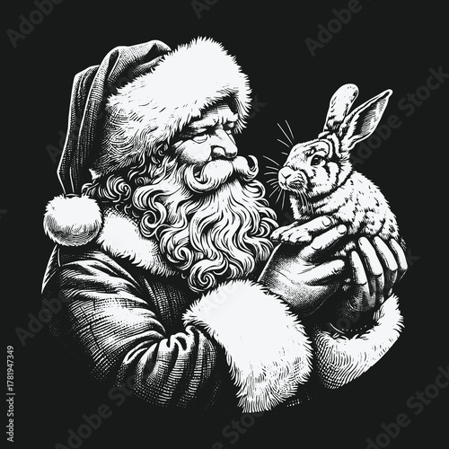 Black and white engraved illustration of Santa Claus holding a rabbit.