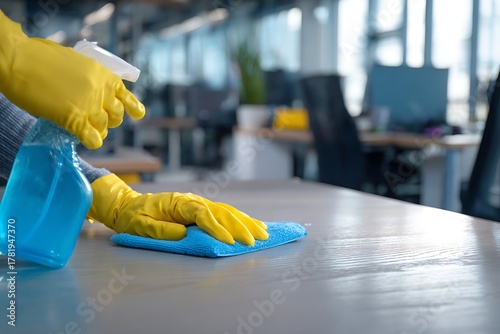 Person cleaning office desk with spray and cloth