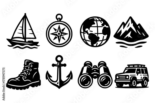 Outdoor adventure icons: nautical, travel, exploration, hiking, nature, black and white set