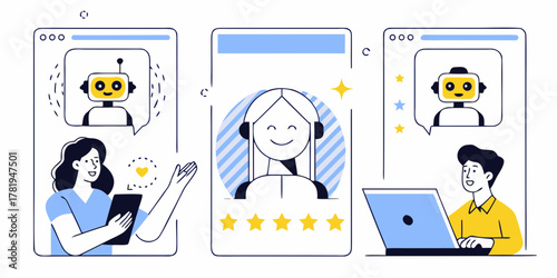 Customer service team with human and ai support online chat and positive feedback
